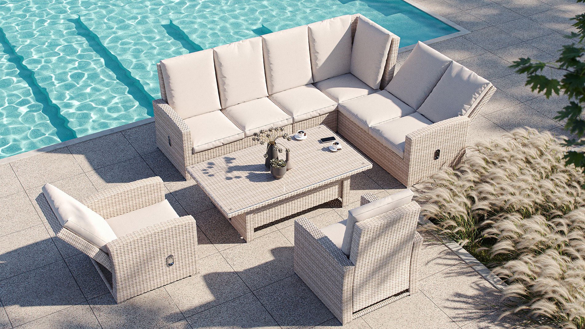 Jetzt EssLounge Terrassenmöbel aus Polyrattan mit höhenverstellbaren