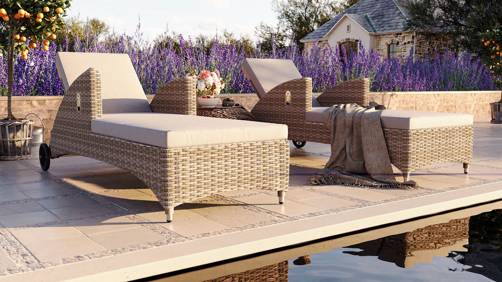 geschwungene Rattanliegen aus Polyrattan für Terrasse, Pool und Garten