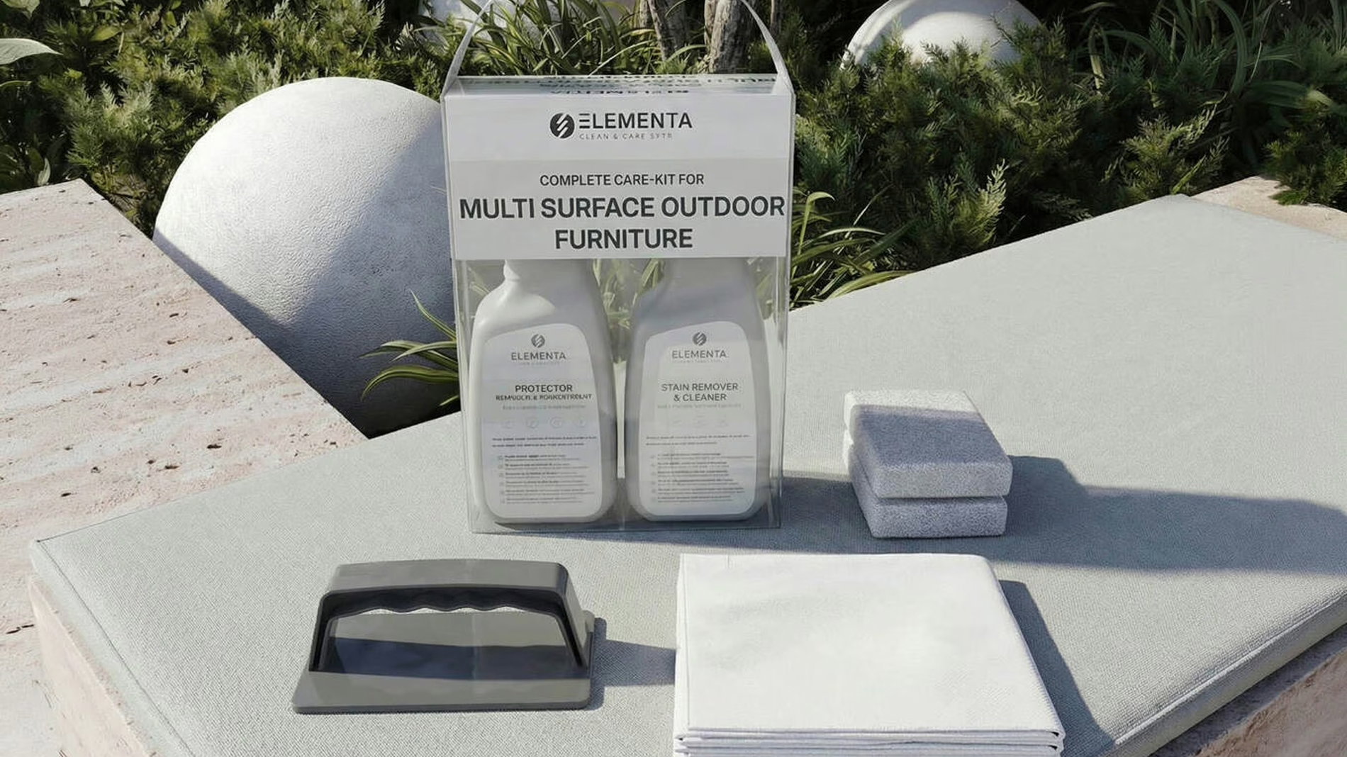 ELEMENTA Multi Surface KITS 3-in-1 Box Pflegemittel, Gartenmöbelreinigung und Oberflächenschutz, 2 x 750 ml